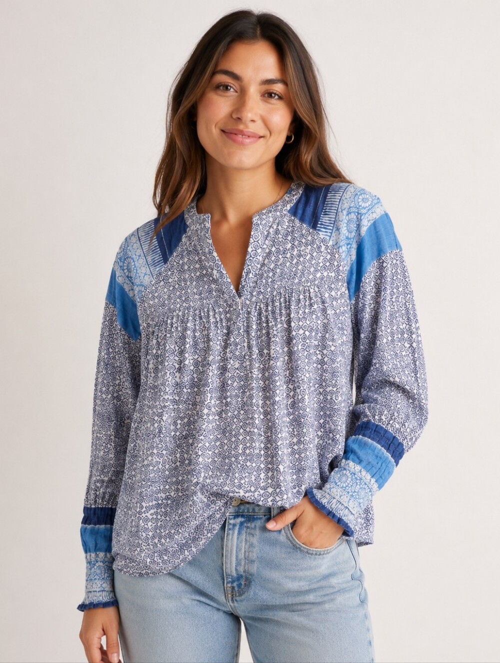 Lucky Brand Blue White Boho Peasant Blouse Women’s Medium